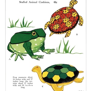 May include: A printed pattern for stuffed animal cushions labeled M1884, featuring a green frog with white spots, a red and yellow patterned turtle, and a green and yellow turtle. Text includes dimensions: frog 16 inches wide by 17 inches long, tortoise 17 inches wide by 24 inches long.