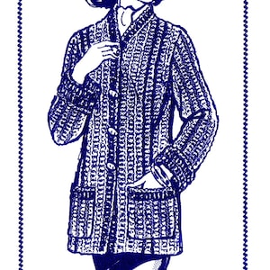 May include: A blue and white crochet cardigan with a button closure and pockets. The cardigan is being modeled by a woman with dark hair. The image includes the text "Desigu 699".