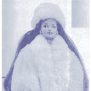 May include: A doll wearing a white fur coat and a white hat. The doll has long dark hair and is standing on a blue surface.