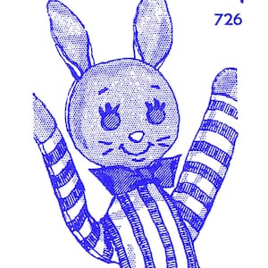 Puede incluir: Ilustración azul y blanca de dos muñecos de conejito. El conejito más grande lleva un traje a rayas y una pajarita, con los brazos extendidos. El conejito más pequeño lleva un vestido y una pajarita. Texto: "Design 726".