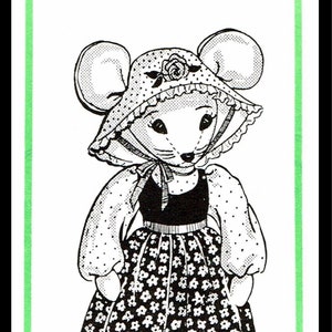May include: Black and white line drawing of a mouse wearing a dress and a bonnet. The dress has a floral pattern. The text "DESIGN 504" is at the bottom of the image.