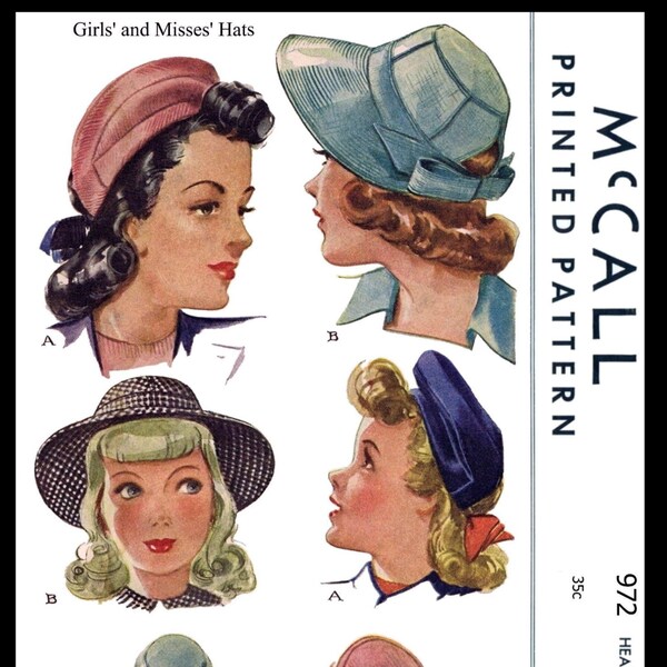 22" McCALL # 972  1940's Fascinators Hats Caps Pattern     Millinery Chemo Cancer