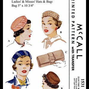 McCALL # 1531 Stunning HOT Millinery  1950's Hat & Bags Clutch Purse    Pattern