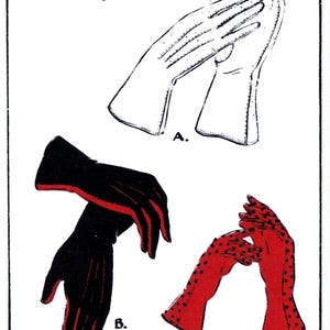 May include: A vintage sewing pattern for gloves, showing two different styles. The pattern is titled "Economy Design" and numbered "8° No. 123." The first style is a simple, white glove, while the second style is a black glove with red trim.