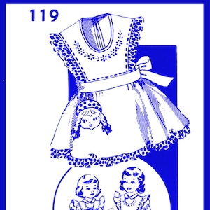 May include: A vintage sewing pattern for little sister aprons, sizes 2, 4, and 6 years. The pattern includes three different apron designs, each featuring a cute doll illustration. The pattern is printed on white paper with blue ink.