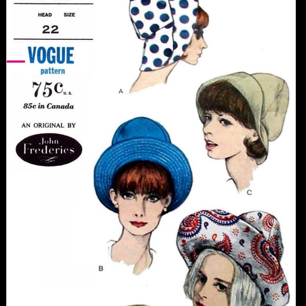 VOGUE #6411 Designer John Frederics Wide or Narrow Brimmed Hat   Pattern Millinery 22"