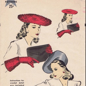 Hollywood # 1003 Gants et chapeau au crochet pour femmes des années 1940 Béret ou modèle Pdf Ledger