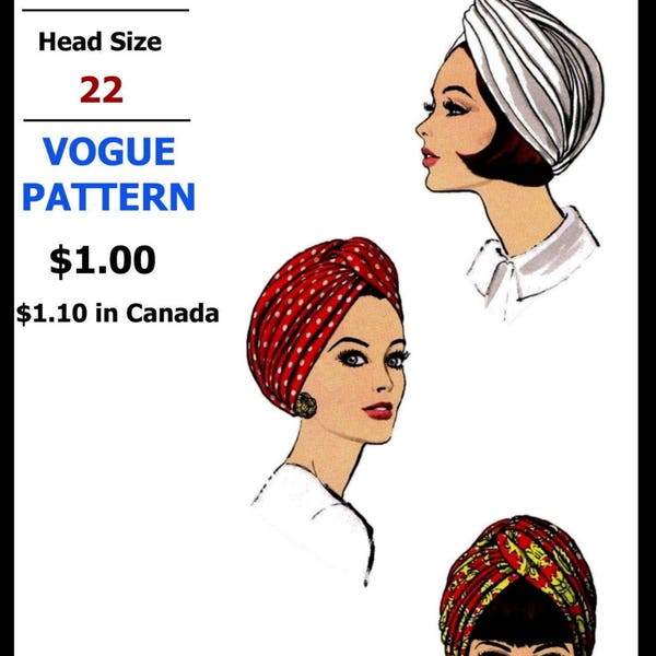 Vogue # 7519 Designer Halston ~22" TURBAN Hat  Ledger    Pattern Simple Chemo Millinery