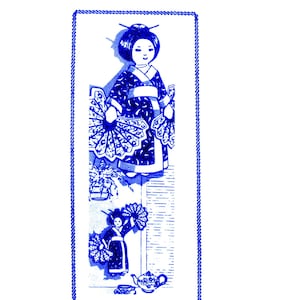 May include: A blue and white illustration of a geisha with fans, a teapot, and the text "Design 446." The geisha is wearing a kimono and holding fans. The image has a decorative border.
