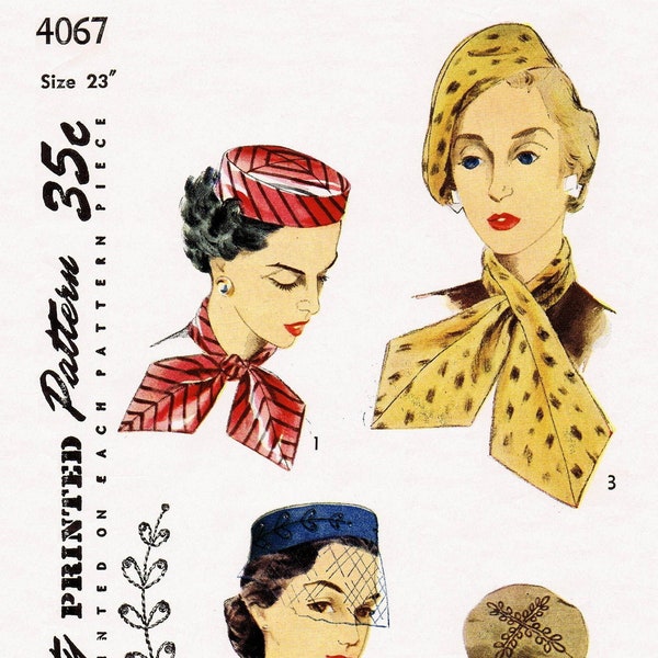 23" SIMPLICITY #4067 Beret Pillbox Hats Scarf      Pattern Chemo 1940's Millinery