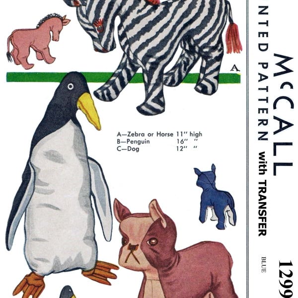 LeDGER McCall 1299 Stuffed Animal Pattern Zebra or Horse Penguin Dog Craft Toy 11x17"