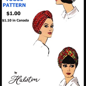 22.5" Vogue # 7519 TURBAN Hat Designer Halston Simple Pattern  Ledger     Chemo Millinery