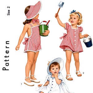 以下が含まれることがあります： S 4968サイズ2とラベル付けされた裁縫パターンで、子供服のイラストと写真が掲載されています。デザインには、赤と白のストライプのロンパースとマッチするサンハット、赤と白のストライプのドレス、無地のライトブルーのドレスが含まれています。
