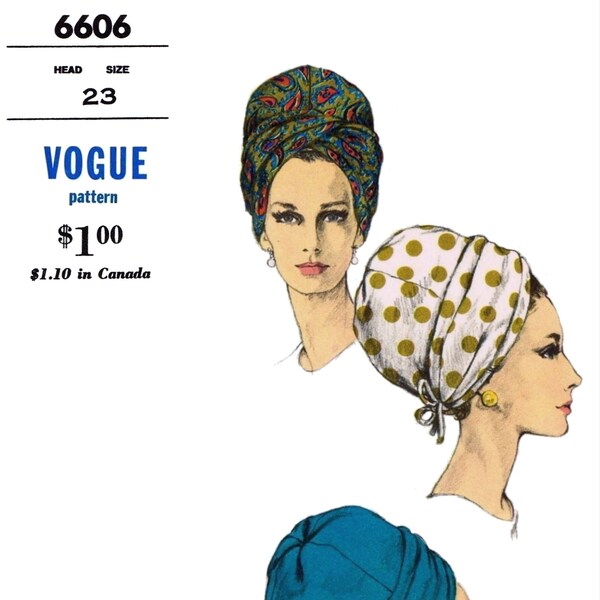 23" Vogue # 6606 TURBAN Hat Designer Halston Simple      Pattern Chemo  Millinery