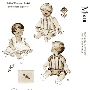 Pode incluir: Padrão de costura vintage para roupa de bebé, com ilustrações de um pinafore, casaco e cueiro. O padrão, rotulado M1618, inclui várias vistas das peças de vestuário e uma transferência. O preço é de 35c. A imagem é em tons sépia.