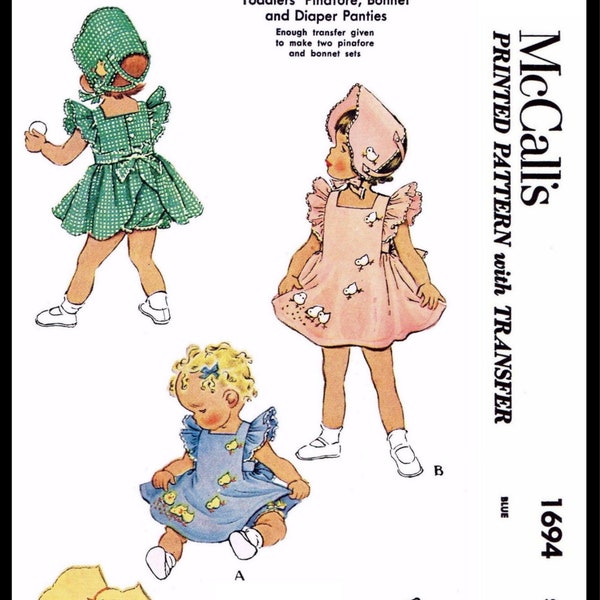 Size ~1 McCall # 1694 PDF  Ledger  Child Summer Dress Frock & Bonnet w/ Chick Applique   Pattern