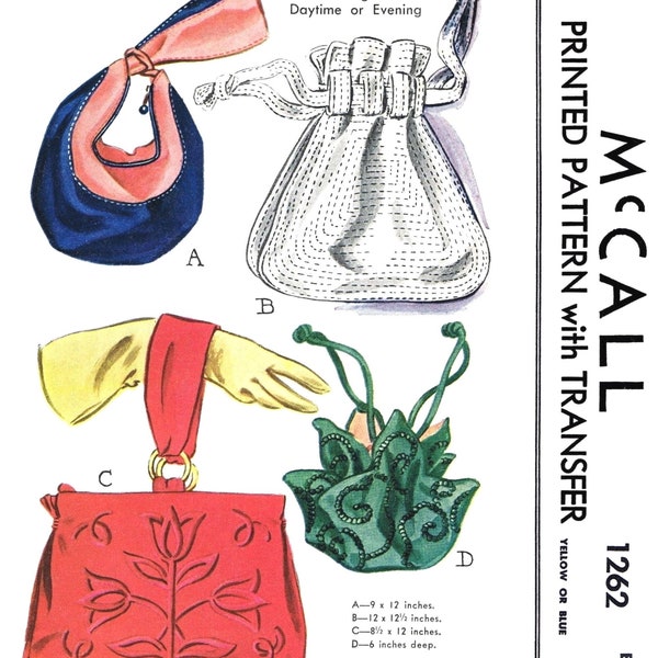 McCall 1262 Pattern Handbag Purse Bag Accessory Bolso Sac Tasche 1940's