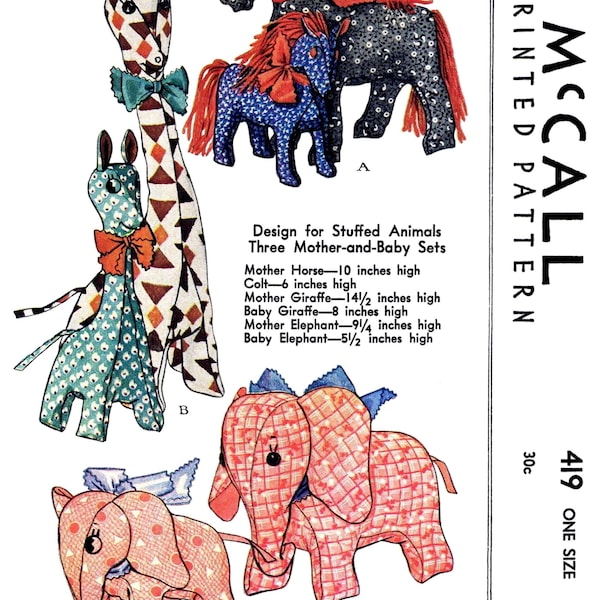 Ledger McCall #419 peluche girafe cheval éléphant motif bébé artisanat jouets années 1940