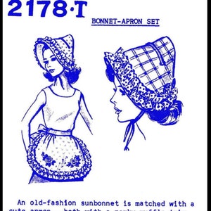 May include: A vintage sewing pattern for a sunbonnet and apron set. The pattern is printed in blue on a white background and includes a line drawing of a woman wearing the bonnet and apron. The pattern number is 2178-T and the title is "Bonnet-Apron Set".