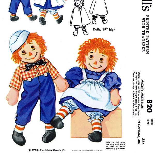 LETTER McCall's # 820 RAGGEDY Ann & Andy Doll Pattern w/Clothing Approx. 19" Tall