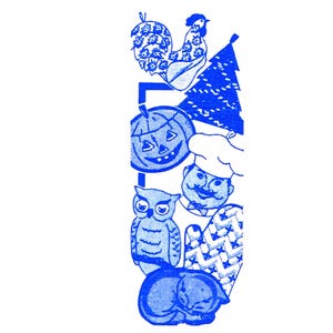 May include: Blue and white illustration of a rooster, a Christmas tree, a pumpkin, a chef, an owl, and a cat. The text "Design 952" is at the top of the image.