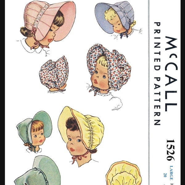 20" McCall # 1526 BABY BONNET Hat Child 4 Style Sunbonnet Pattern Pdf ledger