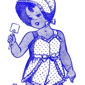 May include: A blue and white polka dot dress with a matching hat and a blue and white polka dot pattern. The dress has a bow at the waist and a ruffle trim. The dress is for sizes 1 to 5 years. The pattern number is 4845.