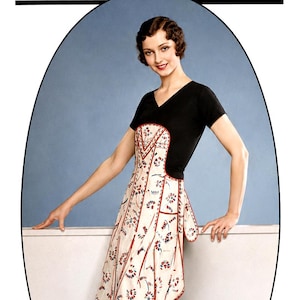 May include: A vintage-style apron featuring a cream-colored fabric with a red and blue floral pattern, red piping trim, and a V-neck bodice. The apron is worn over a black short-sleeved dress. Text at the top reads THE MINUTE MAID APRON.