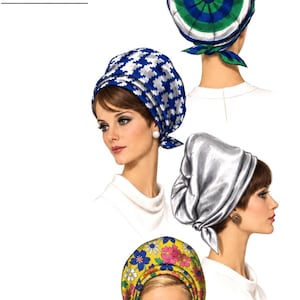 May include: A sewing pattern labeled V 7152 ONE SIZE pattern featuring four headscarf styles. The designs include a blue and white houndstooth print, a green and blue circular pattern, a solid silver fabric, and a yellow floral print with pink and blue flowers.