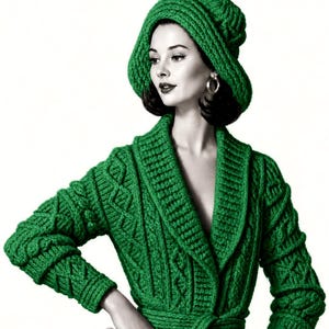 May include: A green cable-knit wrap jacket and matching hat. The jacket features a shawl collar, long sleeves, and a waist tie. The hat is a matching knit design. The text "CABLE-WRAP-JACKET and HAT" is at the top.
