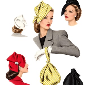 May include: V 5260 Pattern One Size sewing pattern illustration featuring various hat styles in yellow gingham, solid red, and solid black, along with a matching yellow gingham drawstring pouch and a solid black pouch and a white clutch.