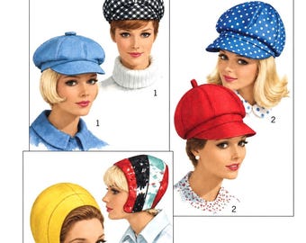 May include: A sewing pattern labeled S 6702 for various hats in one size. The illustrations show a blue cap, a black and white gingham cap with a pom-pom, a blue polka-dot cap, a red cap, a yellow rounded cap, and a multi-colored patterned cap.