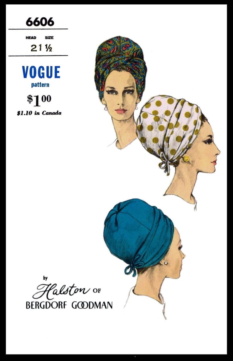Vogue 6606 TURBAN Hat 21.5 Pattern Designer Halston Simple Chemo Millinery image 1