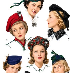 May include: Vintage fashion illustration featuring a variety of women's Scotch hats. The hats are in various styles and colors, including red, black, and plaid patterns. The image includes the text "Children's and Misses' Scotch Hats."