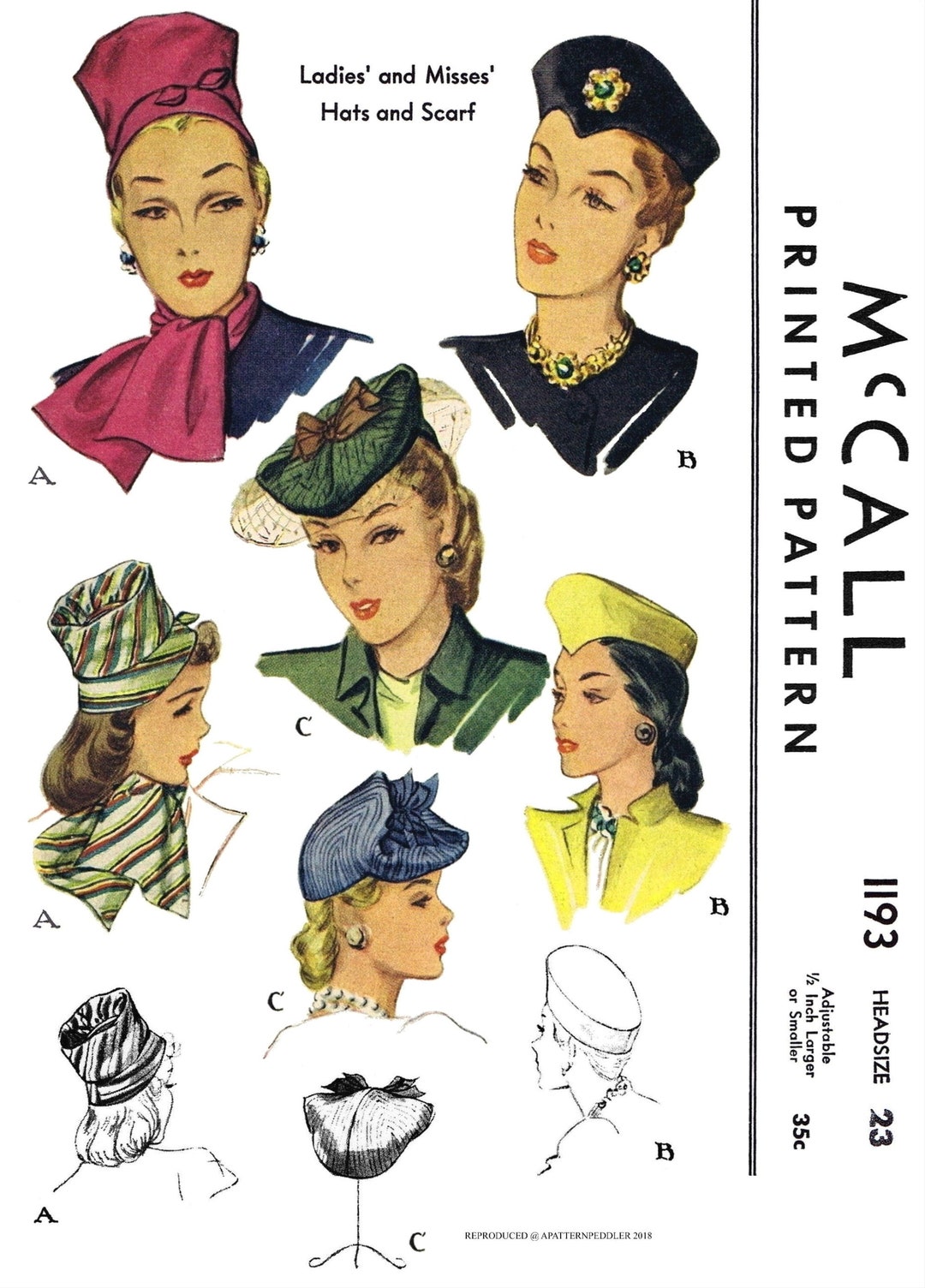 23 Mccall 1193 Hats Caps & Scarf Pattern Millinery 1940's Fascinators ...