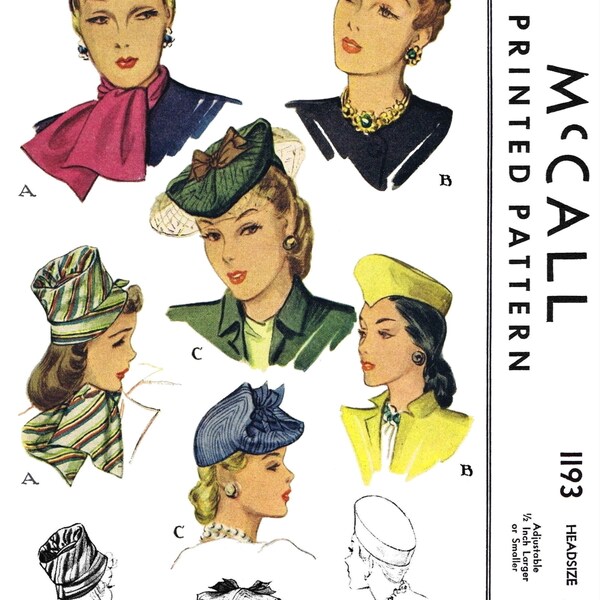 23" McCALL # 1193 Hats Caps & Scarf Pattern Millinery 1940's Fascinators PDF