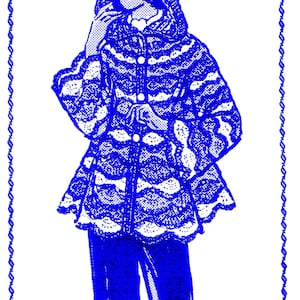 May include: A blue and white crocheted hooded jacket with a design number 733. The jacket has a textured pattern and a hood. The text "CROCHETED HOODED JACKET" is at the bottom of the image.