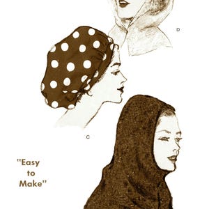 Puede incluir: Un patrón de costura vintage para tres tipos diferentes de cubiertas para la cabeza. El patrón se llama "Fácil de hacer" e incluye una gorra de lunares, una bufanda con capucha y una bufanda simple. El patrón es para una talla de cabeza de 23.