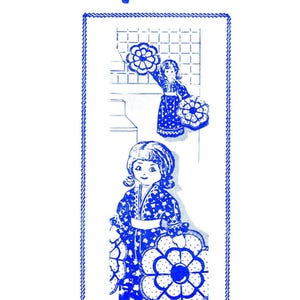 May include: Blue and white illustration of a design with the word "Design" and the number "7561". The image features a drawing of a girl in a dress holding a flower-shaped object. The design is framed with a blue border.