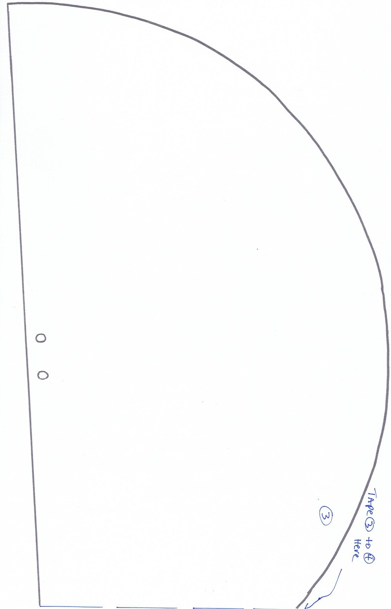 May include: A white paper template for a half circle with instructions to tape 3 to 4 here.