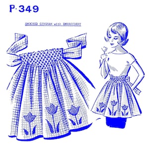 May include: A blue and white gingham skirt with a smocked waistband and tulip embroidery. The skirt is shown on a model wearing a white top. The pattern number P.349 is printed at the top of the image. The text "SMOCKED GINGHAM with EMBROIDERY" is printed below the pattern number.