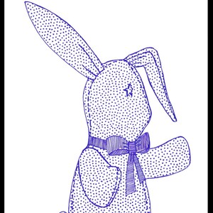 May include: A blue line drawing of a country hare, with a star on its chest and a bow tie. The drawing is titled "Pieces of Olde Country Hare".