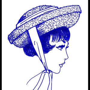 May include: A blue line drawing of a woman wearing a wide-brimmed hat with a patterned design. The text "BRETON" is above the woman's head.