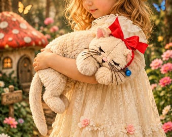 May include: A beige plush cat toy with a red ribbon bow and a blue bell collar, held by a child wearing a cream-colored lace dress and a straw hat adorned with pink and white flowers, set against a backdrop of a garden with a mushroom house.