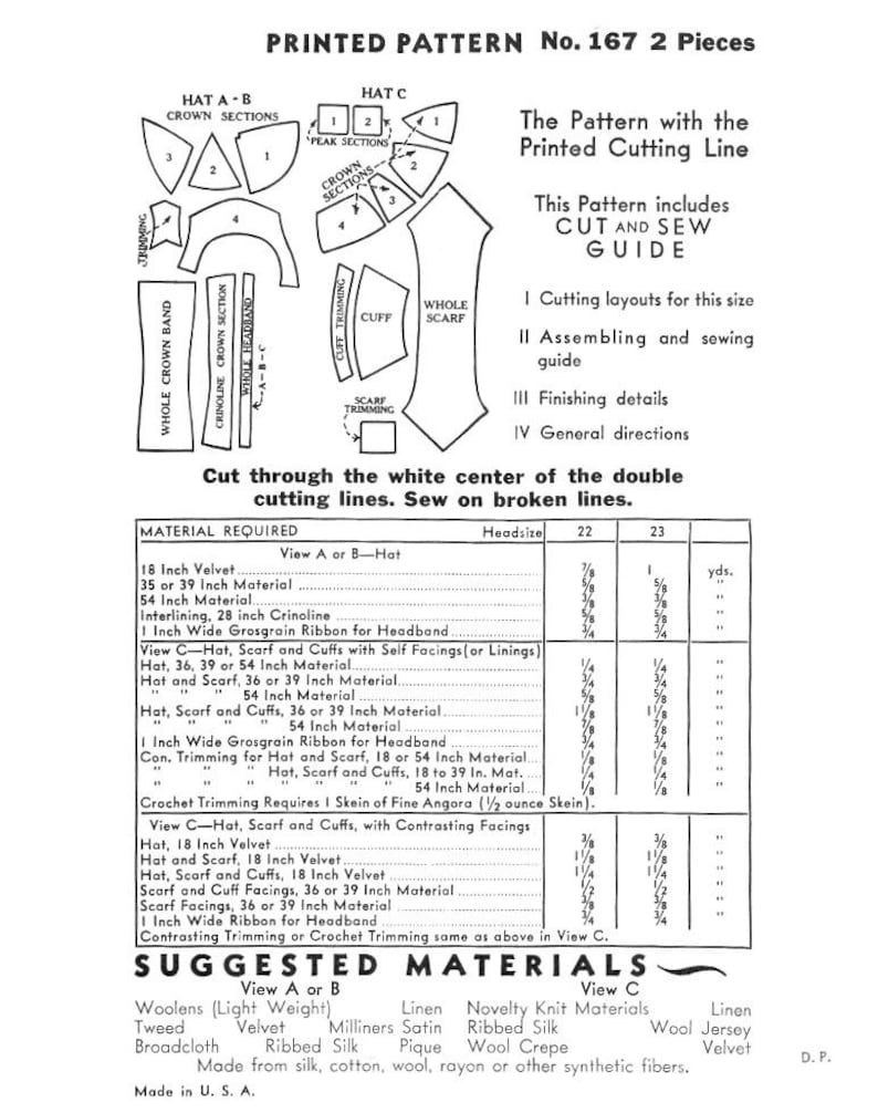 Beret & Skull Cap Hat Sewing Pattern M 167 Millinery 22" Head NO GLOVES ...