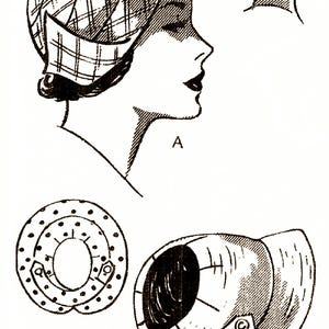 May include: A black and white line drawing of two different styles of hats. The first hat is a plaid cloche hat with a brim that folds down over the forehead. The second hat is a plain cloche hat with a brim that folds down over the forehead. The hats are labeled A and B.