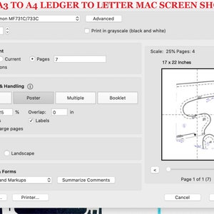 May include: A screenshot of a computer screen showing a print dialog box with options for printing a document. The document is a map of a winding road with a scale of 25% and a size of 17 by 22 inches. The print dialog box includes options for printer, copies, pages to print, page sizing and handling, orientation, comments and forms, and advanced settings.