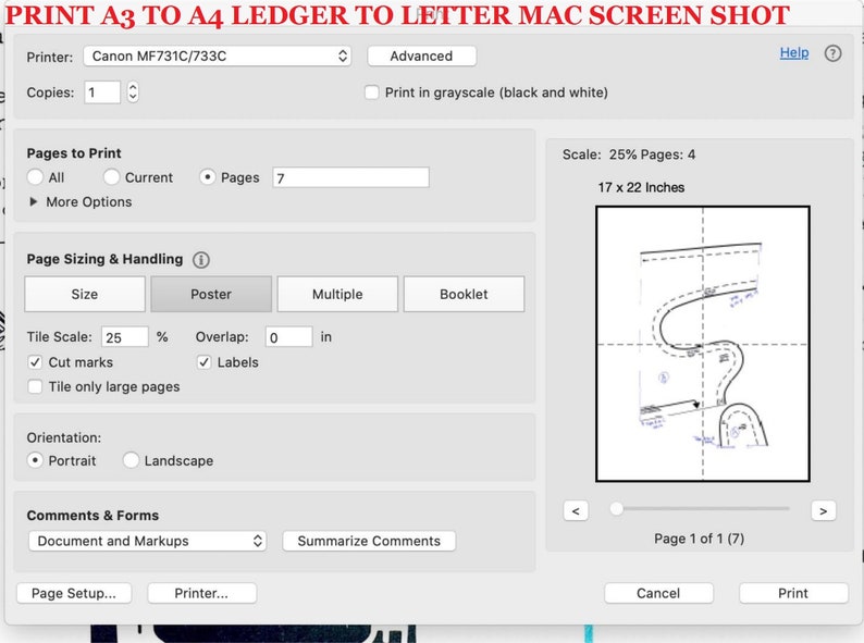 May include: A screenshot of a computer screen showing a print dialog box with options for printing a document. The document is a map of a winding road with a scale of 25% and a size of 17 by 22 inches. The print dialog box includes options for printer, copies, pages to print, page sizing and handling, orientation, comments and forms, and advanced settings.