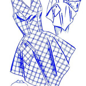 May include: A blue and white checkered pattern for a dress with a V-neckline. The pattern includes instructions for making a dress with a gathered skirt and a fitted bodice. The pattern is for one size and is number 2150.