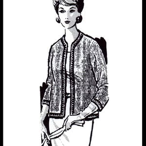 May include: Black and white illustration of a woman wearing a knitted jacket. The image includes the text "Design 7189" and "Knitted Jacket". The jacket has a detailed pattern and is open in the front.